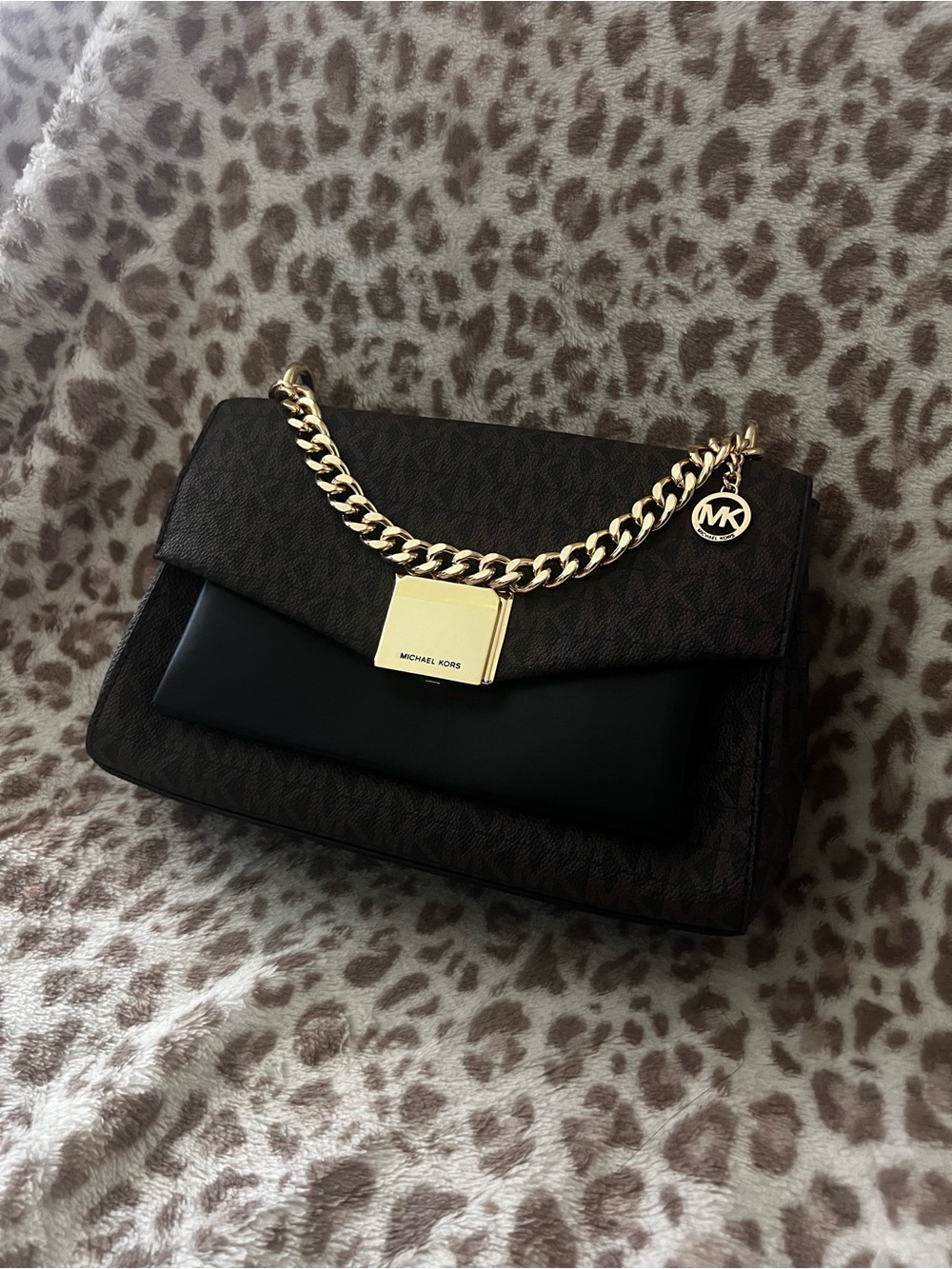 Michael Kors Brown and Black Logo Shoulder Bag with Gold Chain
